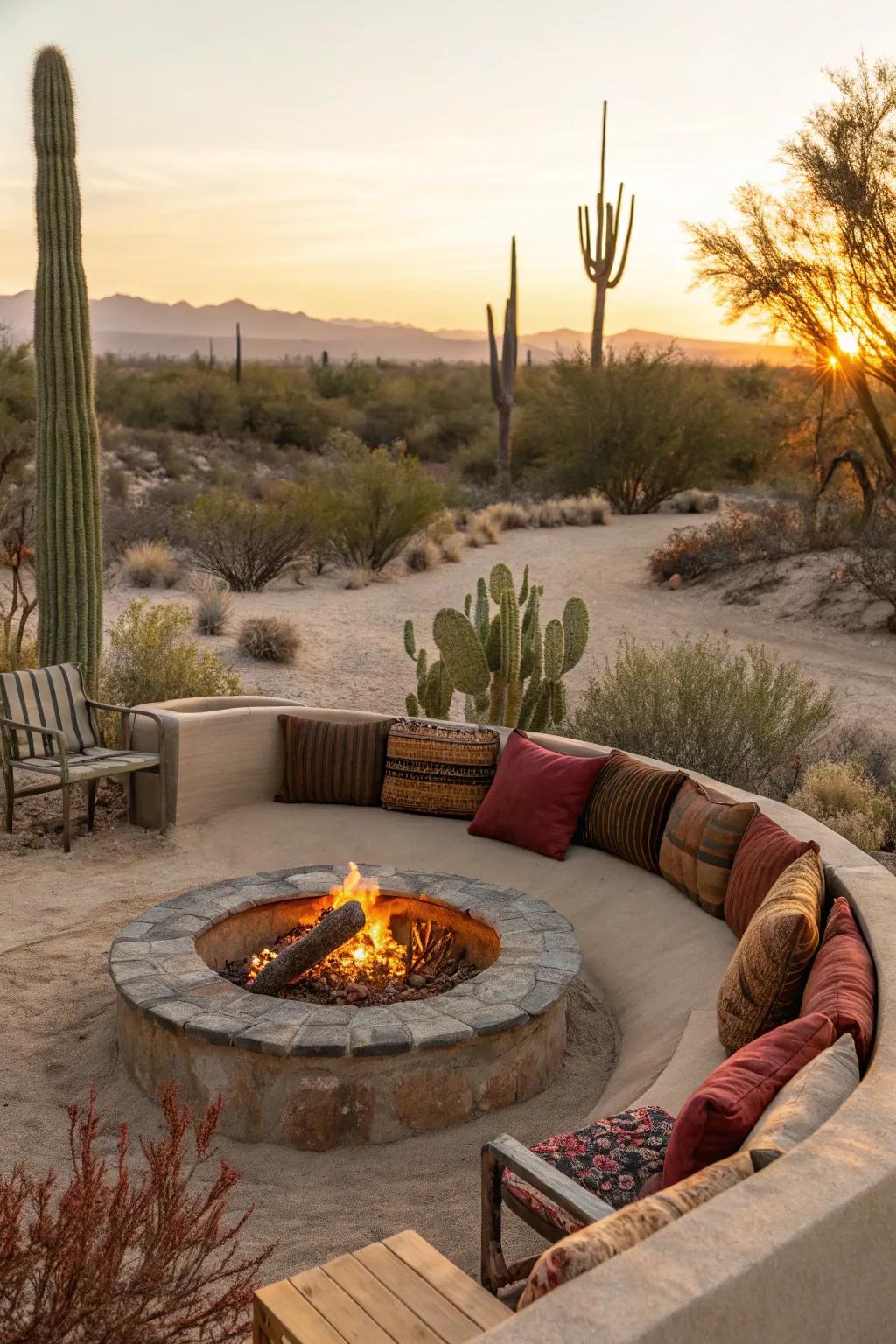 A desert refuge featuring a recessed fire pit.