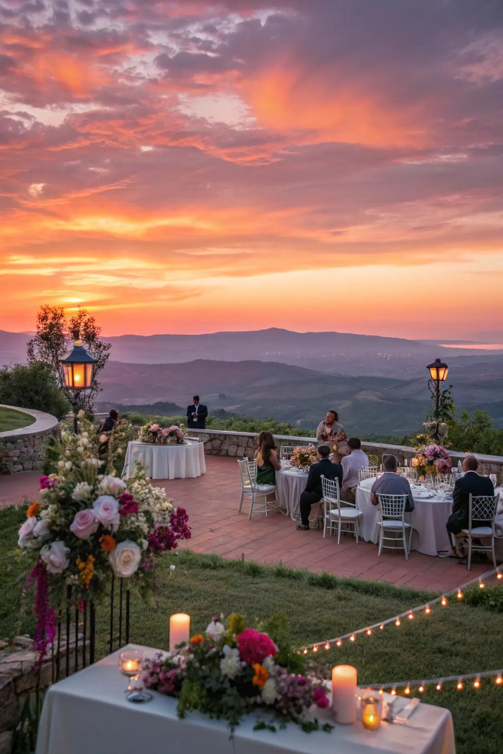 An open-air reception featuring stunning sunset perspectives.
