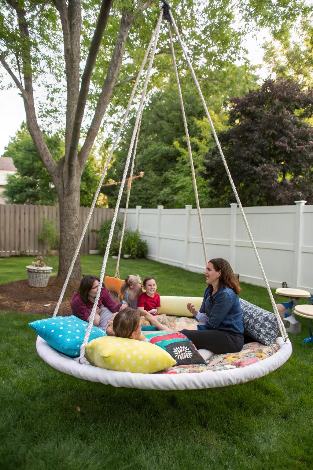 An afloat deck swing functions as a spirited communal epicenter.