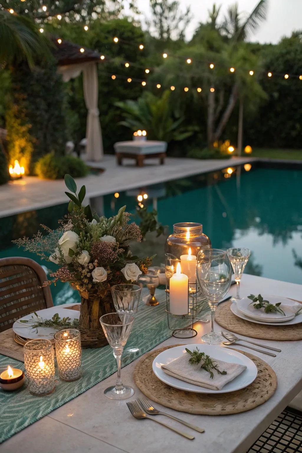A poolside setup delivers a serene and picturesque backdrop.