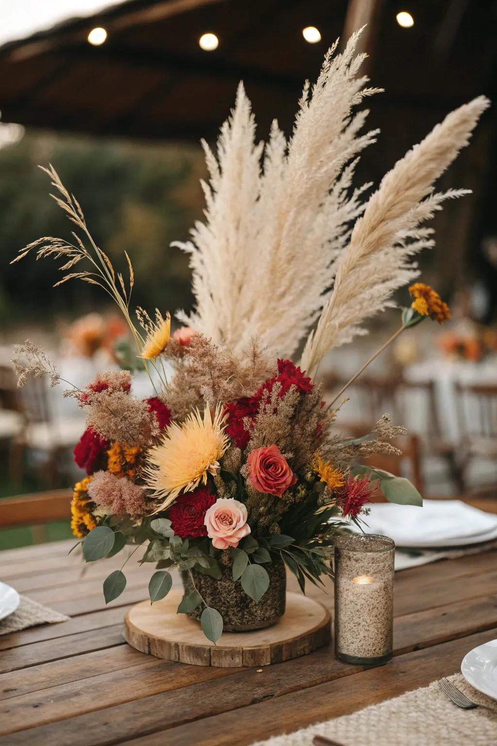 A relaxed centerpiece featuring plume grass and soft roses.