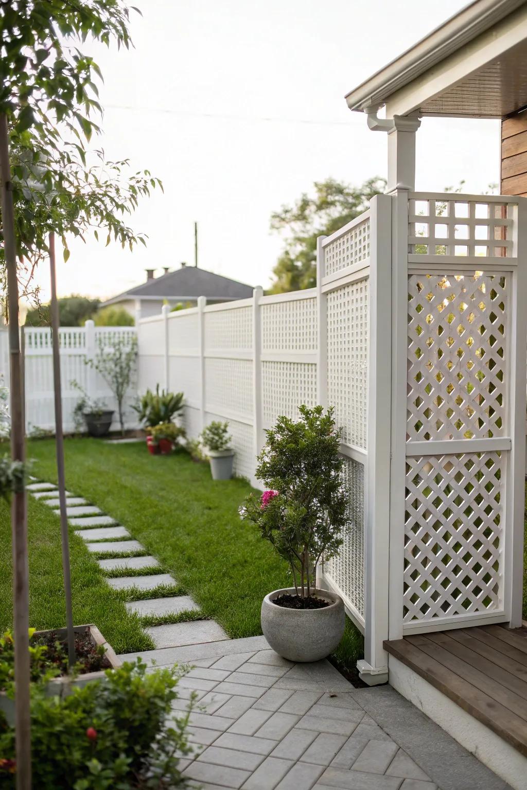White crosshatch screens providing a charming privacy solution.