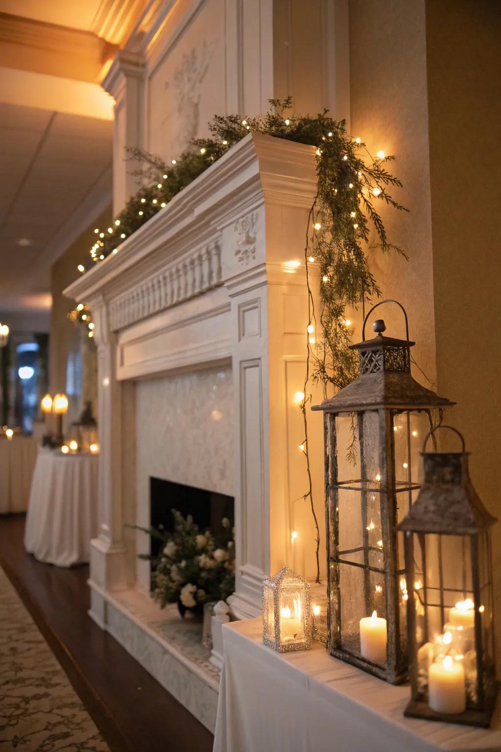 A high mantel featuring illumination highlights to create a warm and inviting atmosphere.