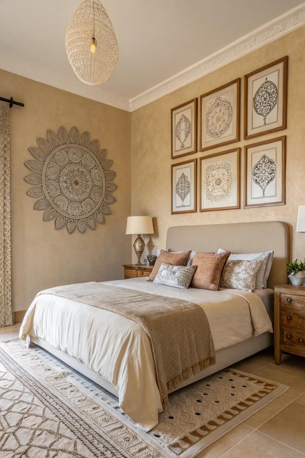 The tan décor is given individuality by the addition of artistic wall hangings.