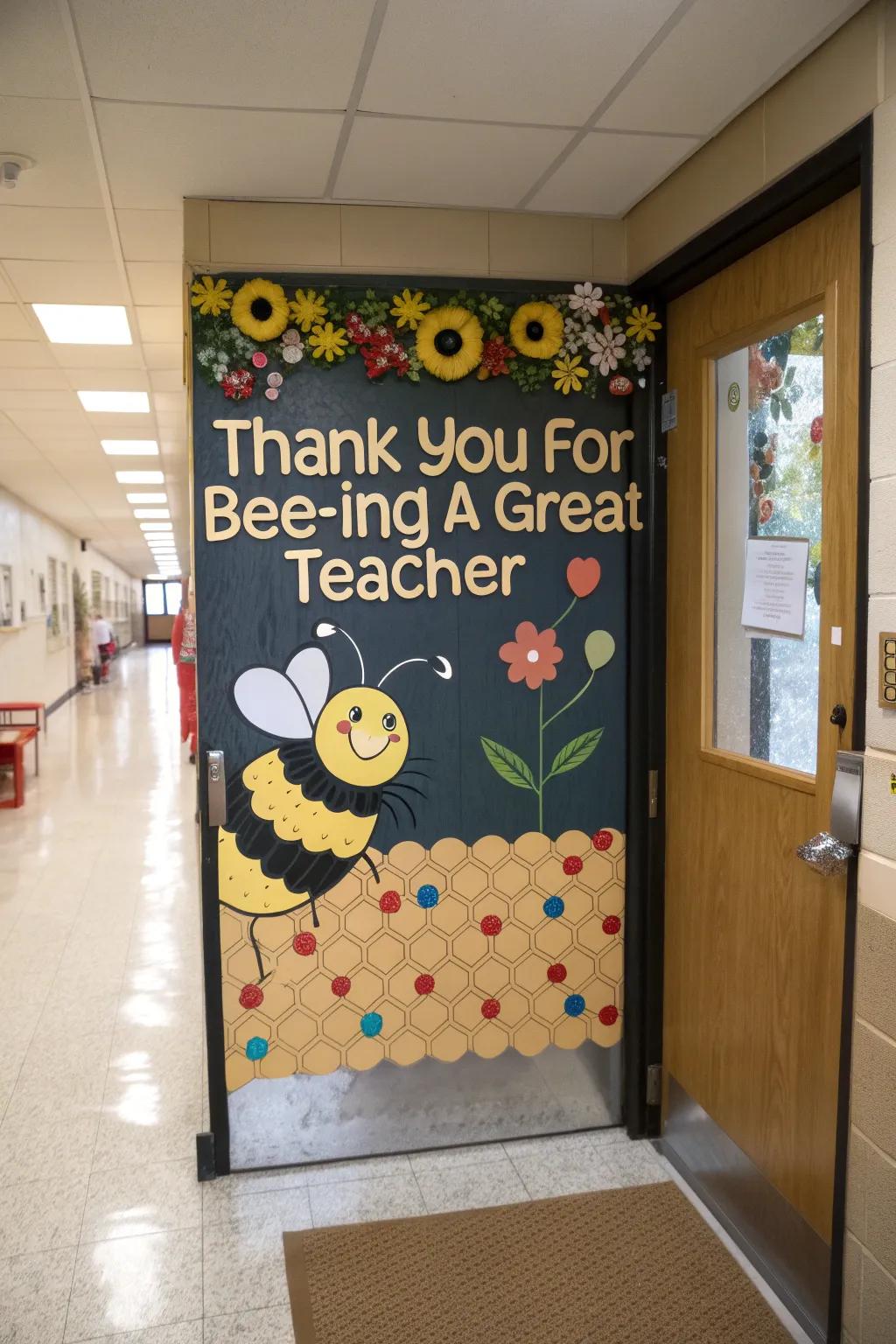 Buzz with gratitude on a honeycomb-themed appreciation door.