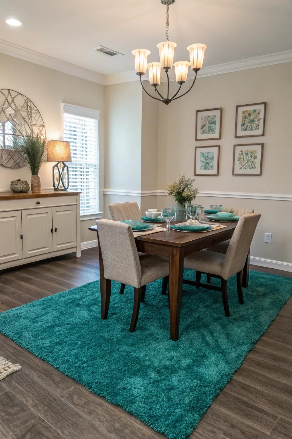 An azure floor covering anchors the dining space