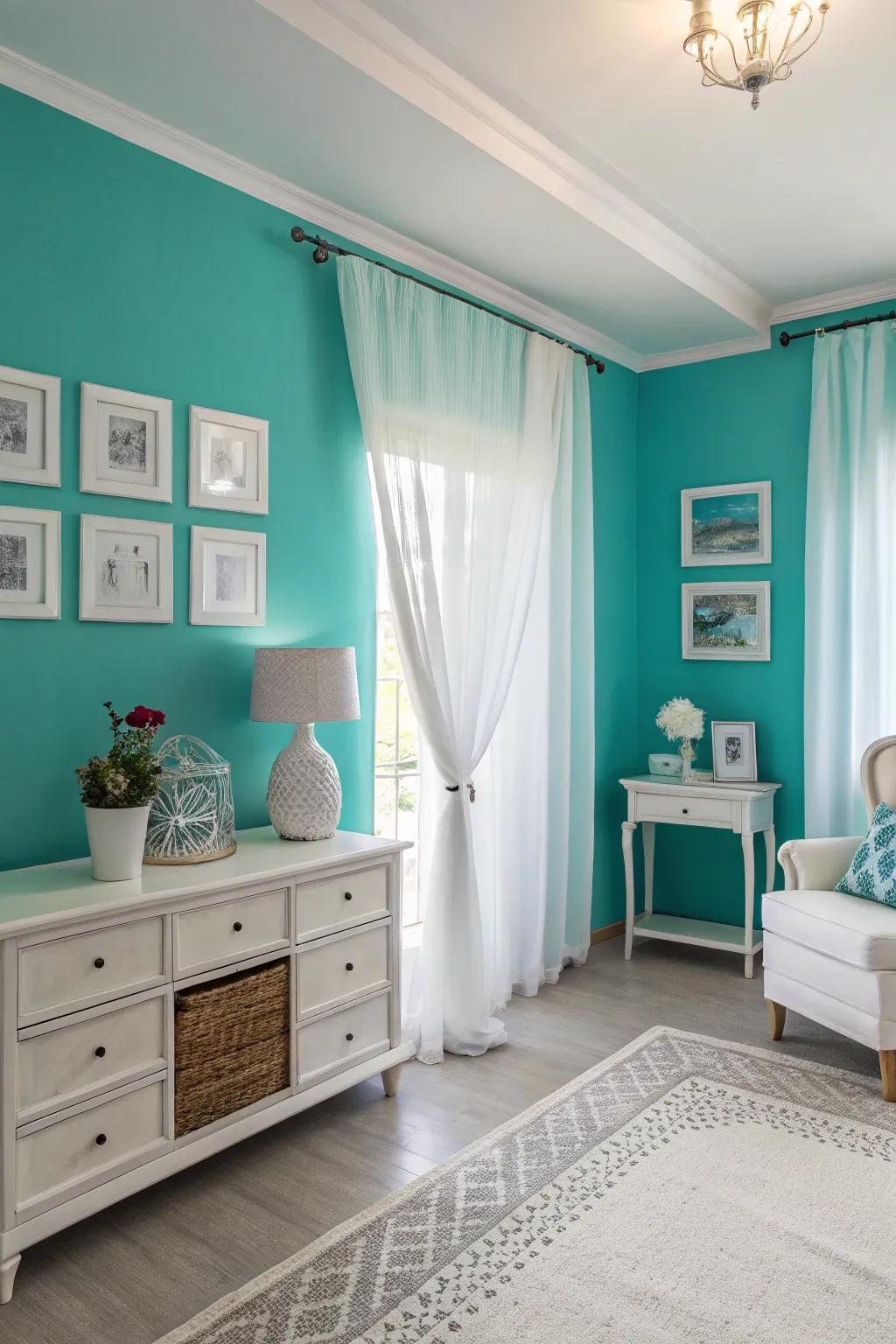A fresh and clean decor style featuring teal and white.