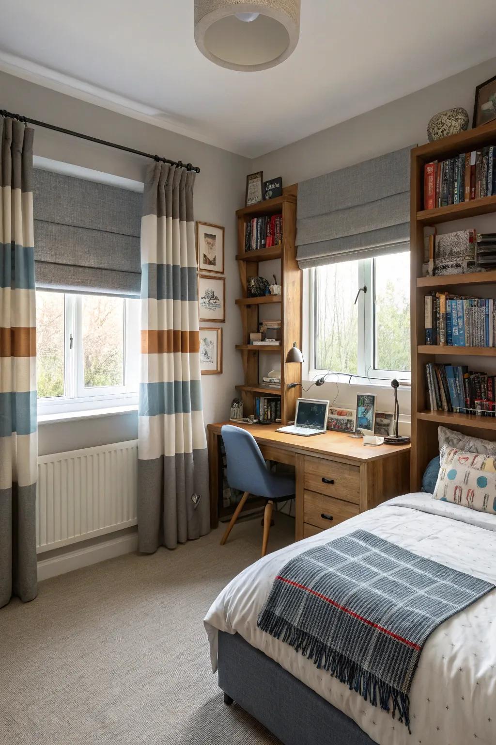 Layered drapes and shades provide versatile light and privacy.
