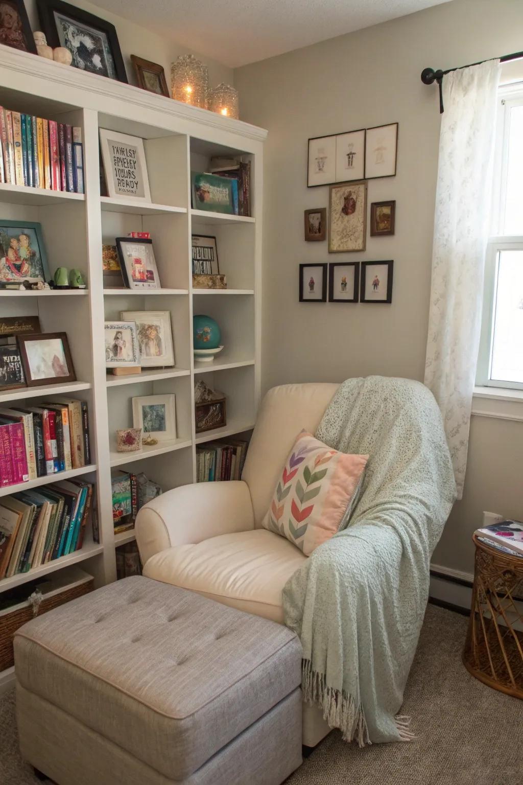 A perusing space offers a snug getaway for unwinding.