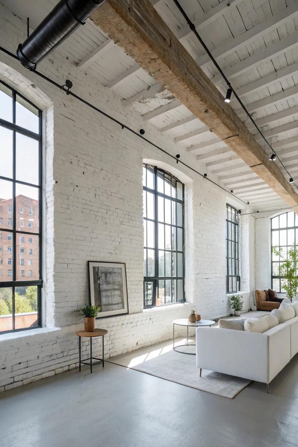 A loft featuring modern white-painted brick walls.
