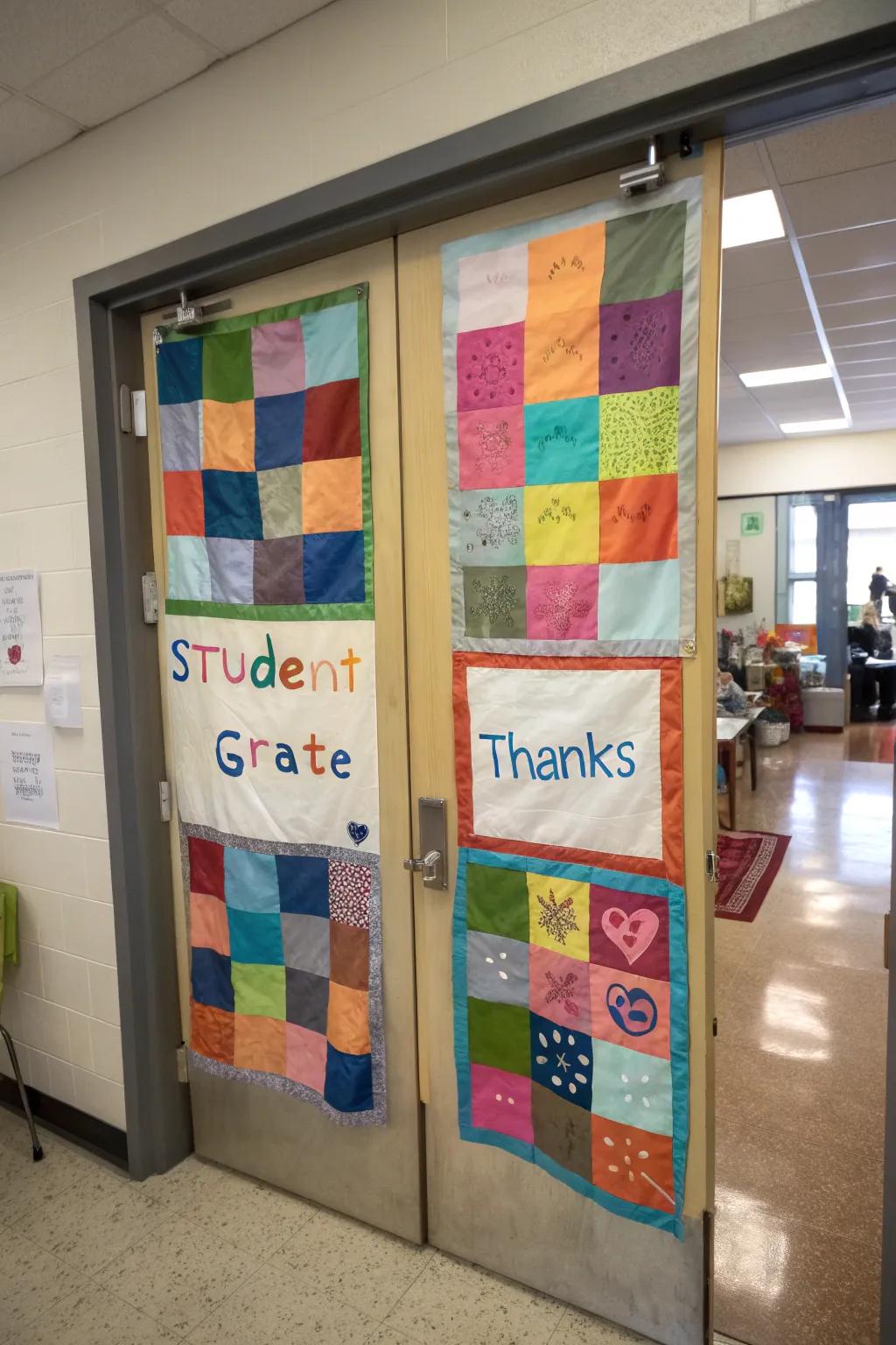 A tapestry-inspired door exhibit exhibiting a patchwork of gratitude.