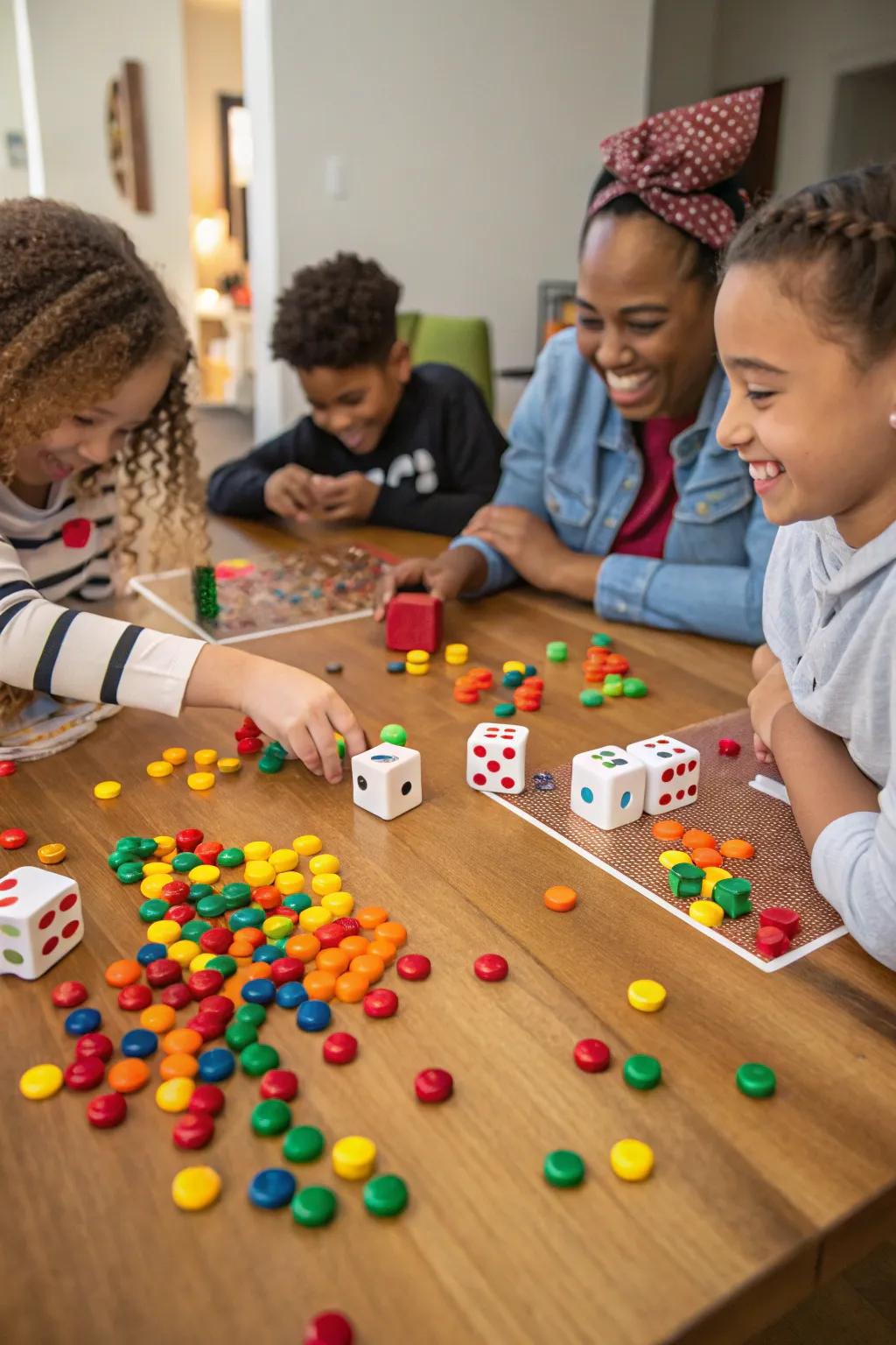 Rolling dice for treats in the Sweet Treat Dice Game.