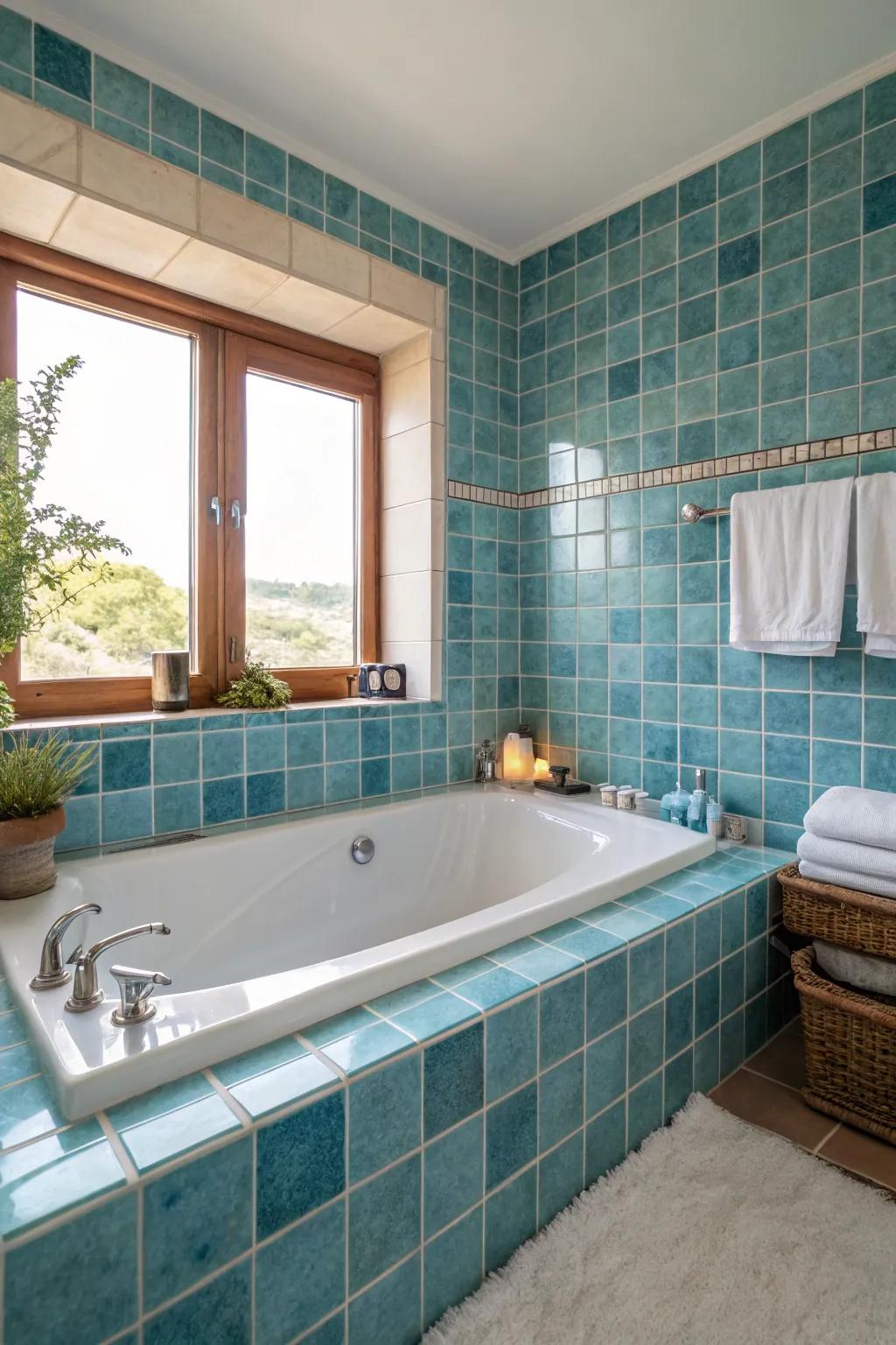 Blue tiling recalls the refreshing, soothing nature of the ocean.