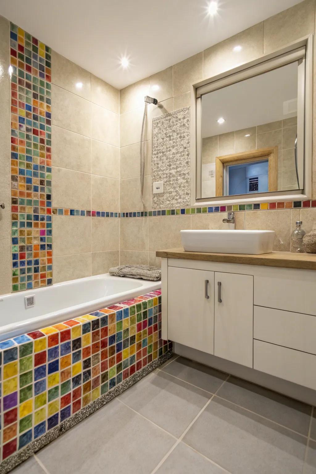 Tiny tile borders add color and texture, changing tiled walls into art.