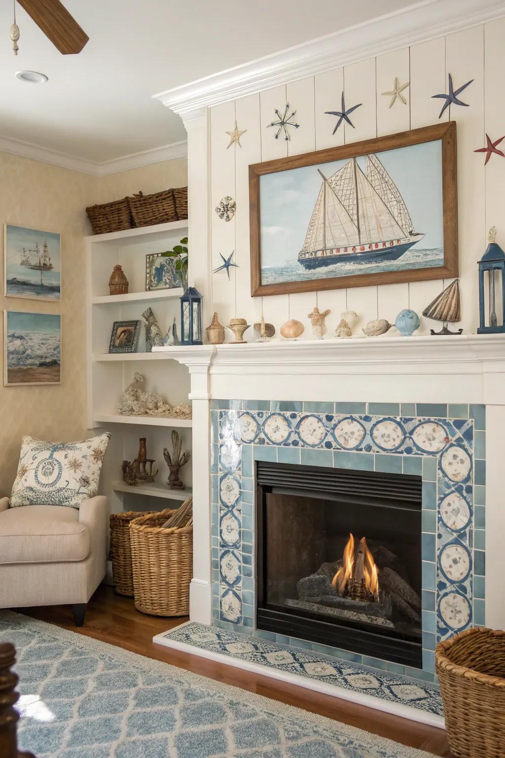 Coastal-inspired panels bring a relaxing seaside vibe to this fireplace.