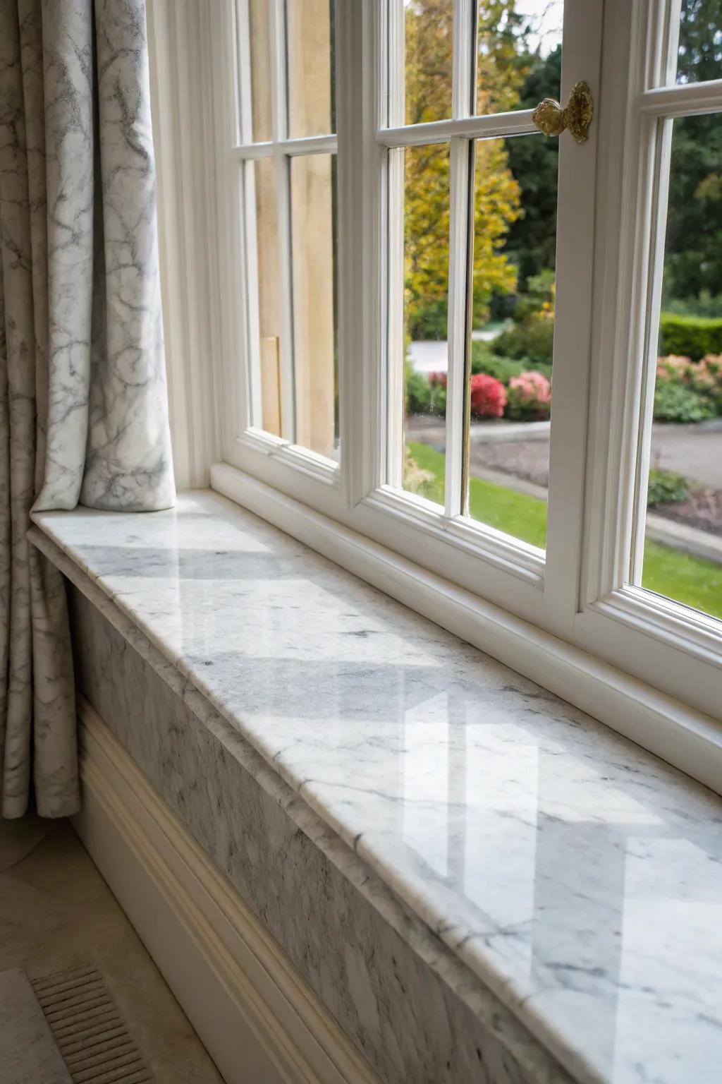 Marble slab tiles provide a sophisticated and elegant touch to this window sill.