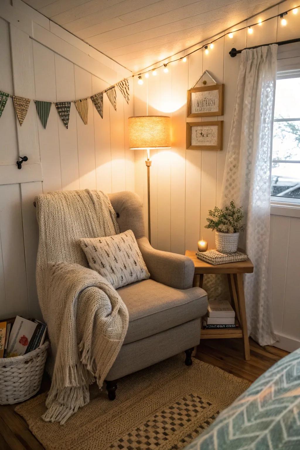 A cozy reading nook providing a personal retreat within the tiny bedroom.