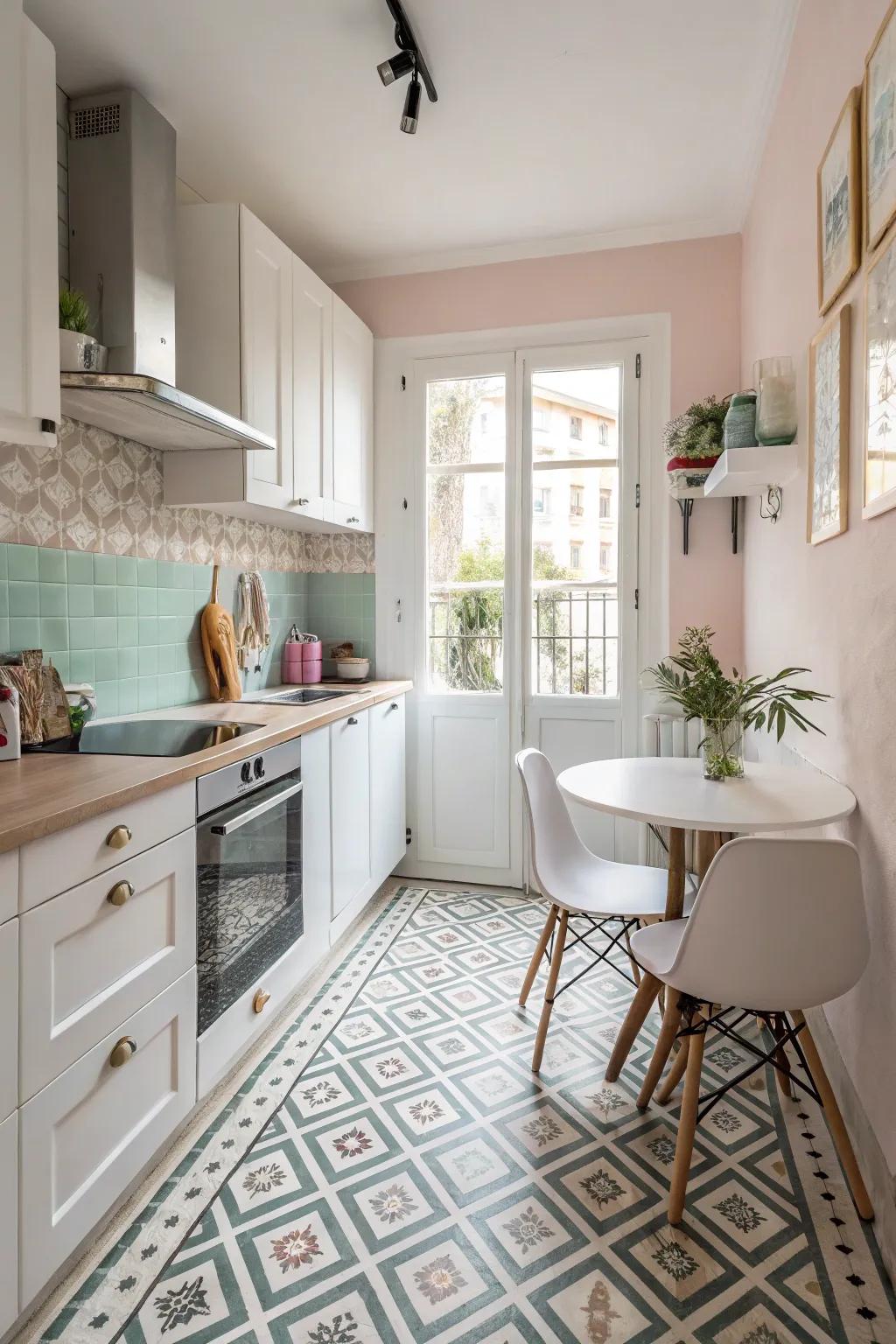 Patterned flooring injects style and an illusion of dimension in a small cooking space.