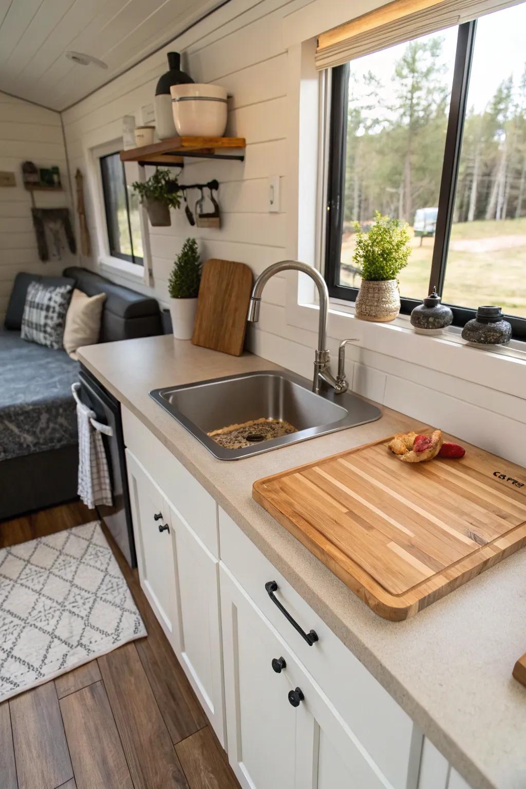 A sink with an integrated cutting board maximizing prep space in a compact house kitchen.