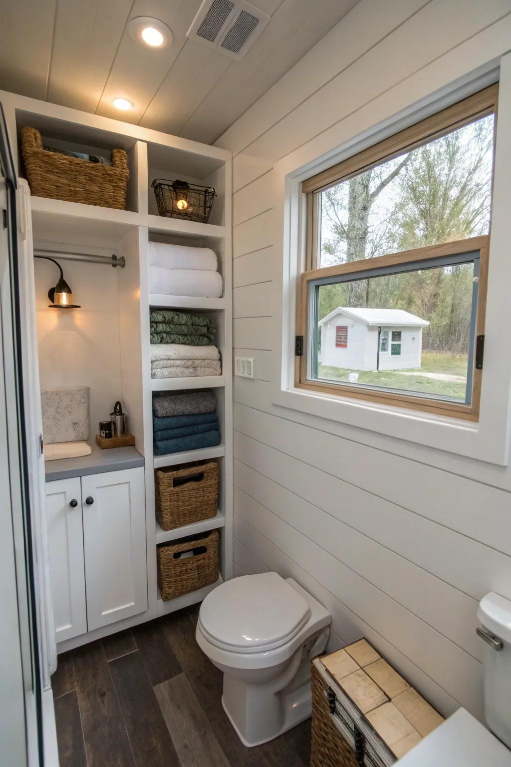 Hidden storage spaces help keep the bathroom organized.