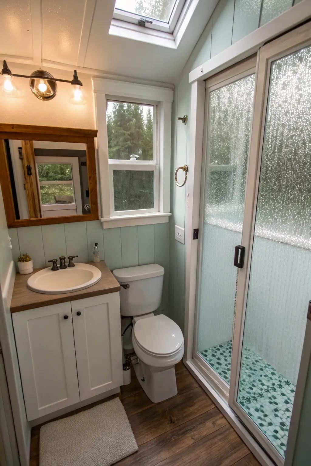 Diamond coated glass sustains privacy without relinquishing illumination.