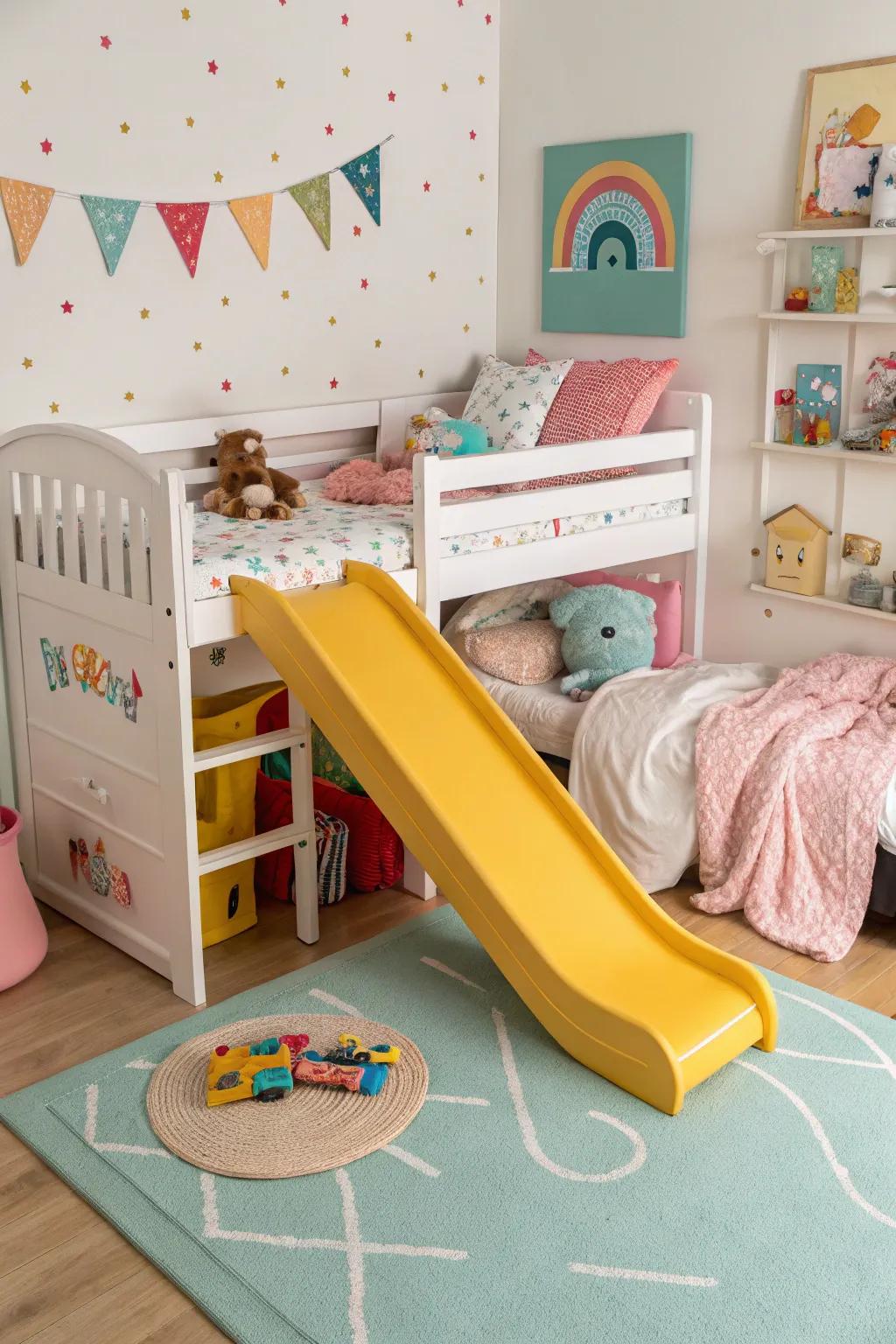 A bed including a slide, ideal for mornings filled with play.