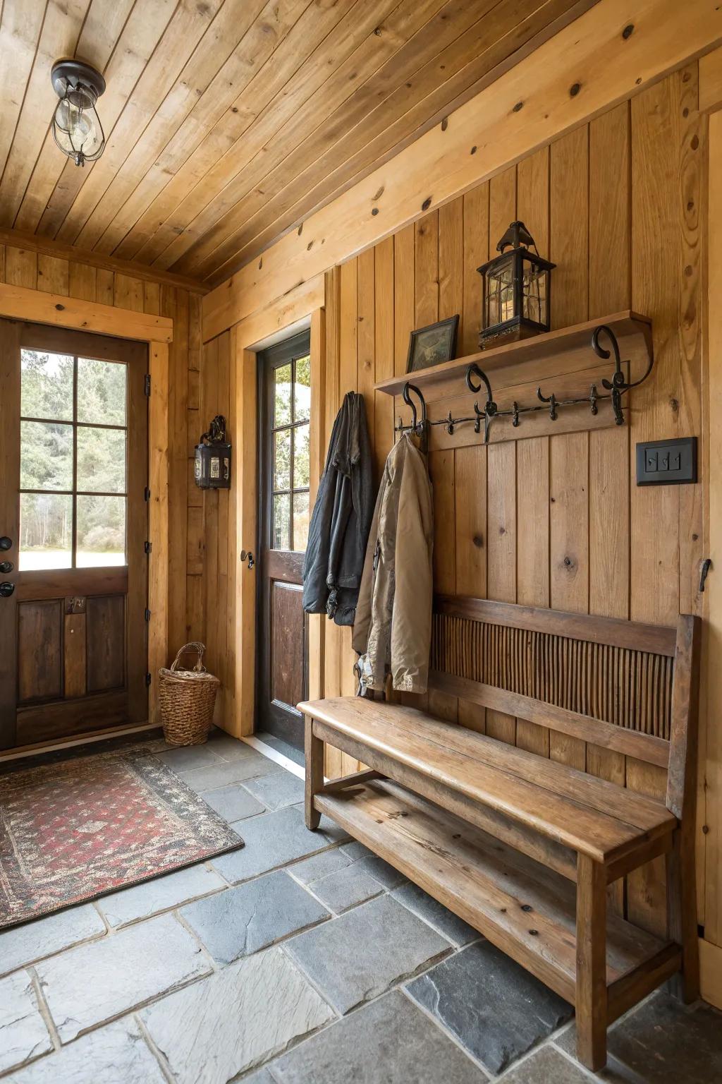 An entryway featuring shiplap walls with a charming rustic allure.