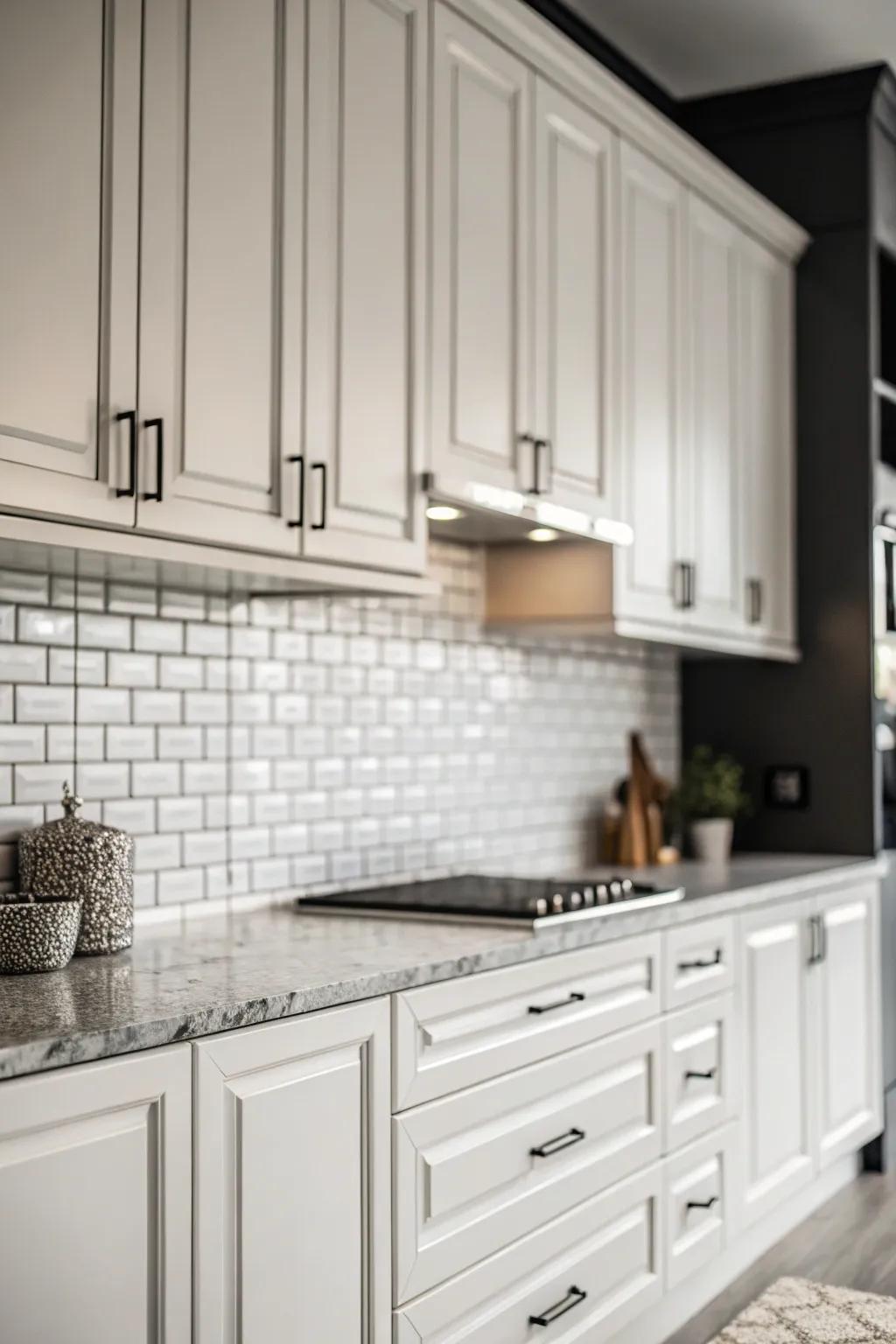 Produce a bold declaration using uniform decorations displayed above your cabinets.