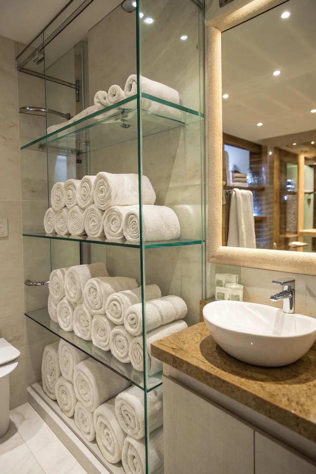 Glass ledges add a modern touch to towel holding in small bathrooms.