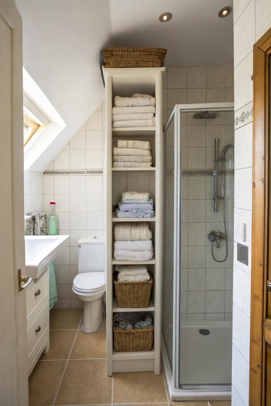 Amplify expanse through a perpendicular towel closet.