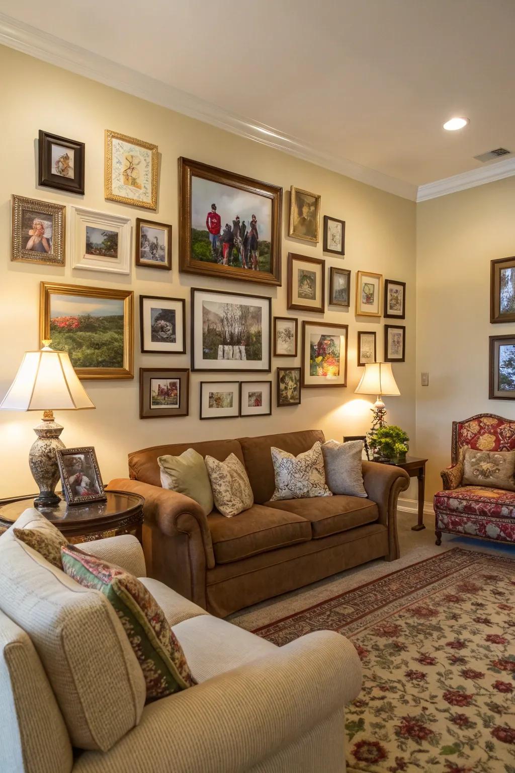 A gallery wall adds individuality to this classic living room.