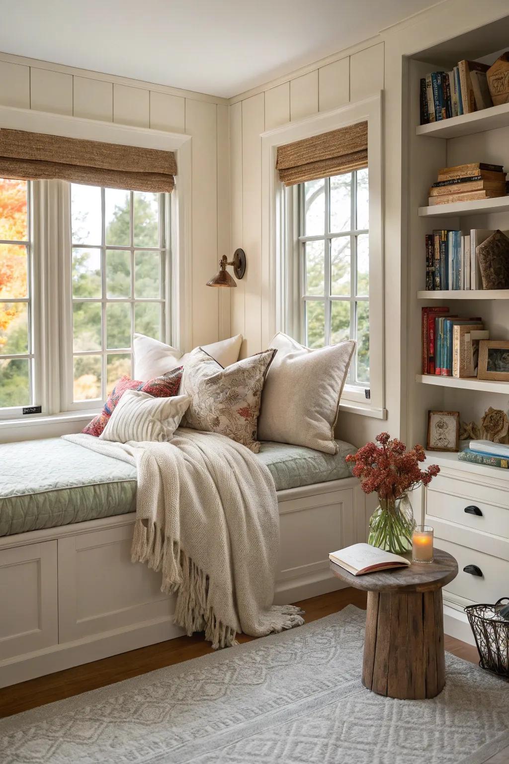 A bay window seat adds charm and comfort.