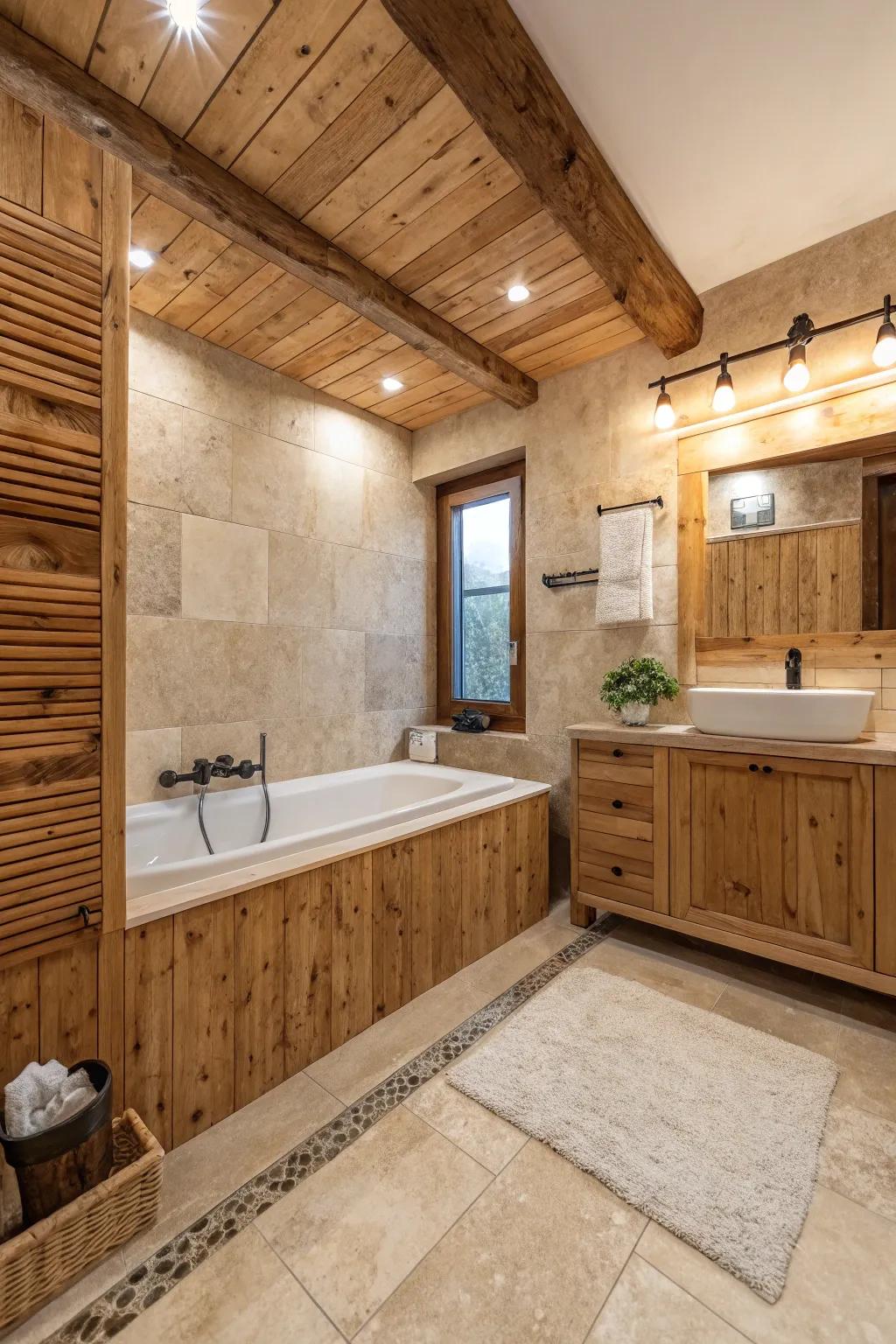 A travertine bathroom emphasized by eco-friendly reclaimed wood accents.