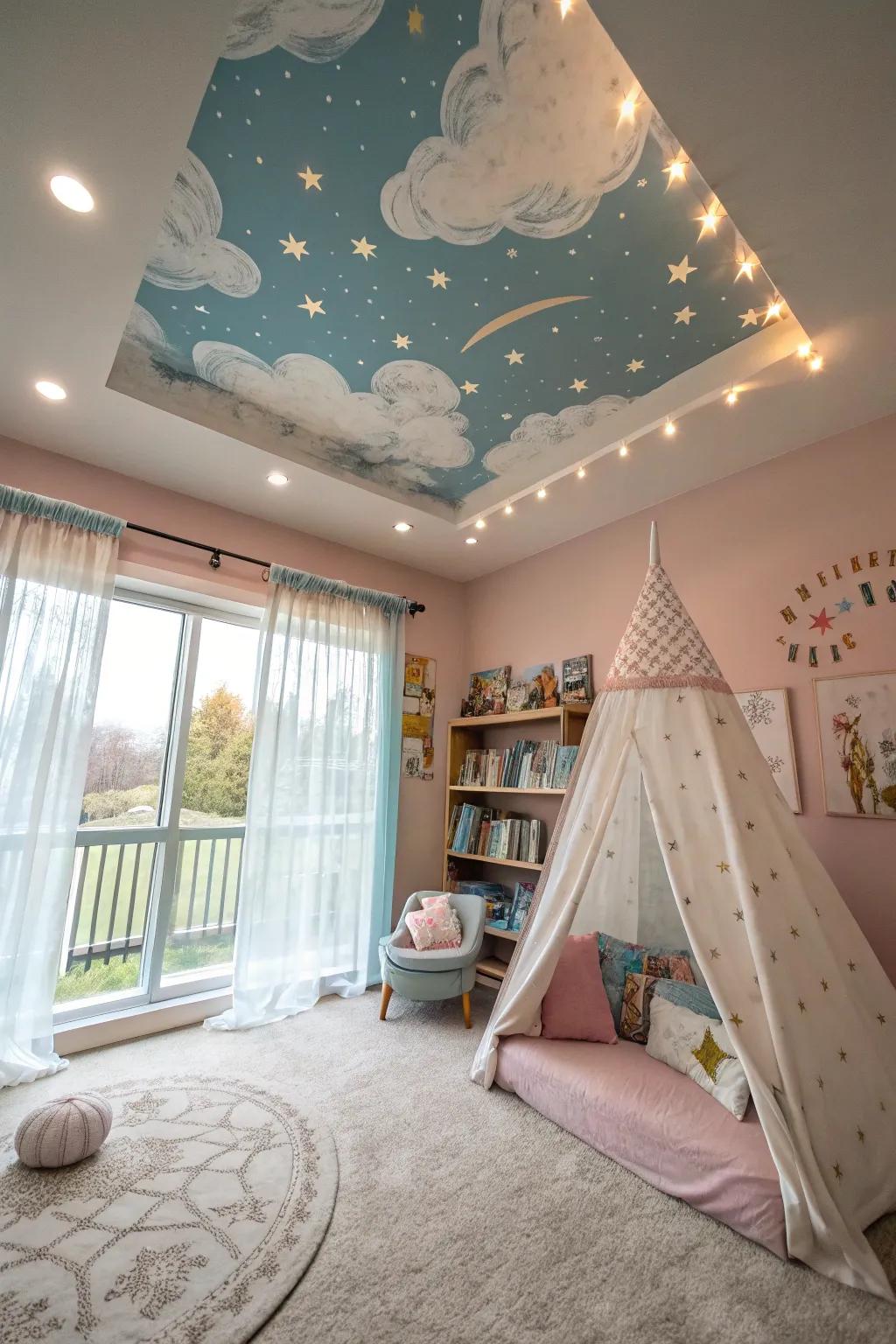 A fanciful room enhanced by a tray ceiling featuring a sky-themed landscape.