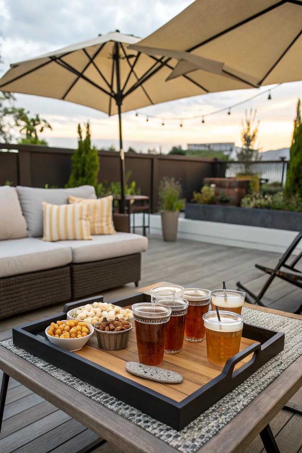 A relaxed exterior veranda showcasing an enchanting tray configuration.