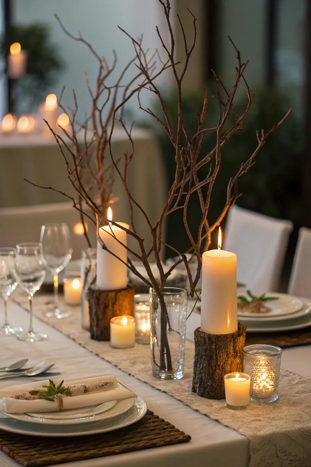Branch-constructed wax light holders contributing to a snug meal setting.