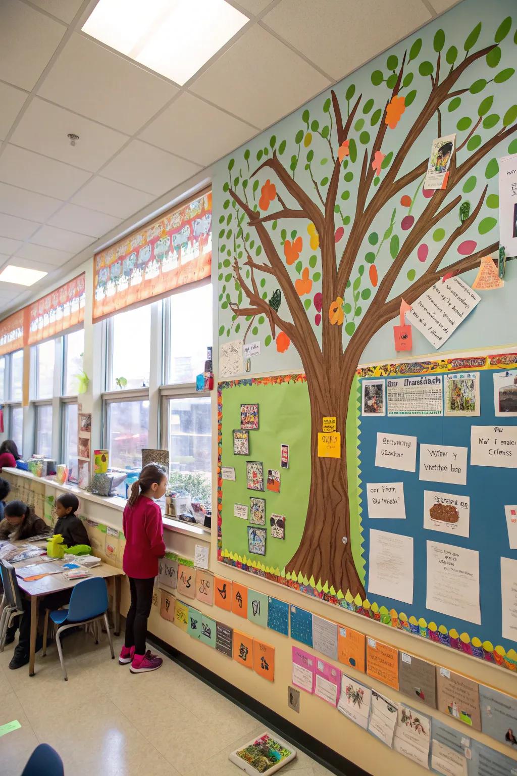 A scholastic connection tree notice board featuring pupil artwork.