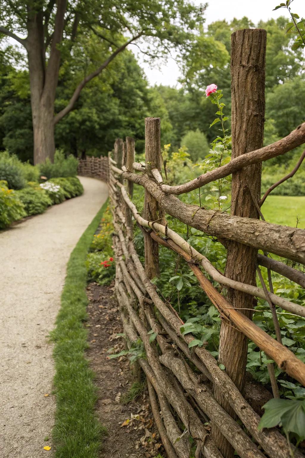 Interlaced branches and wood chunks for a simple fence.