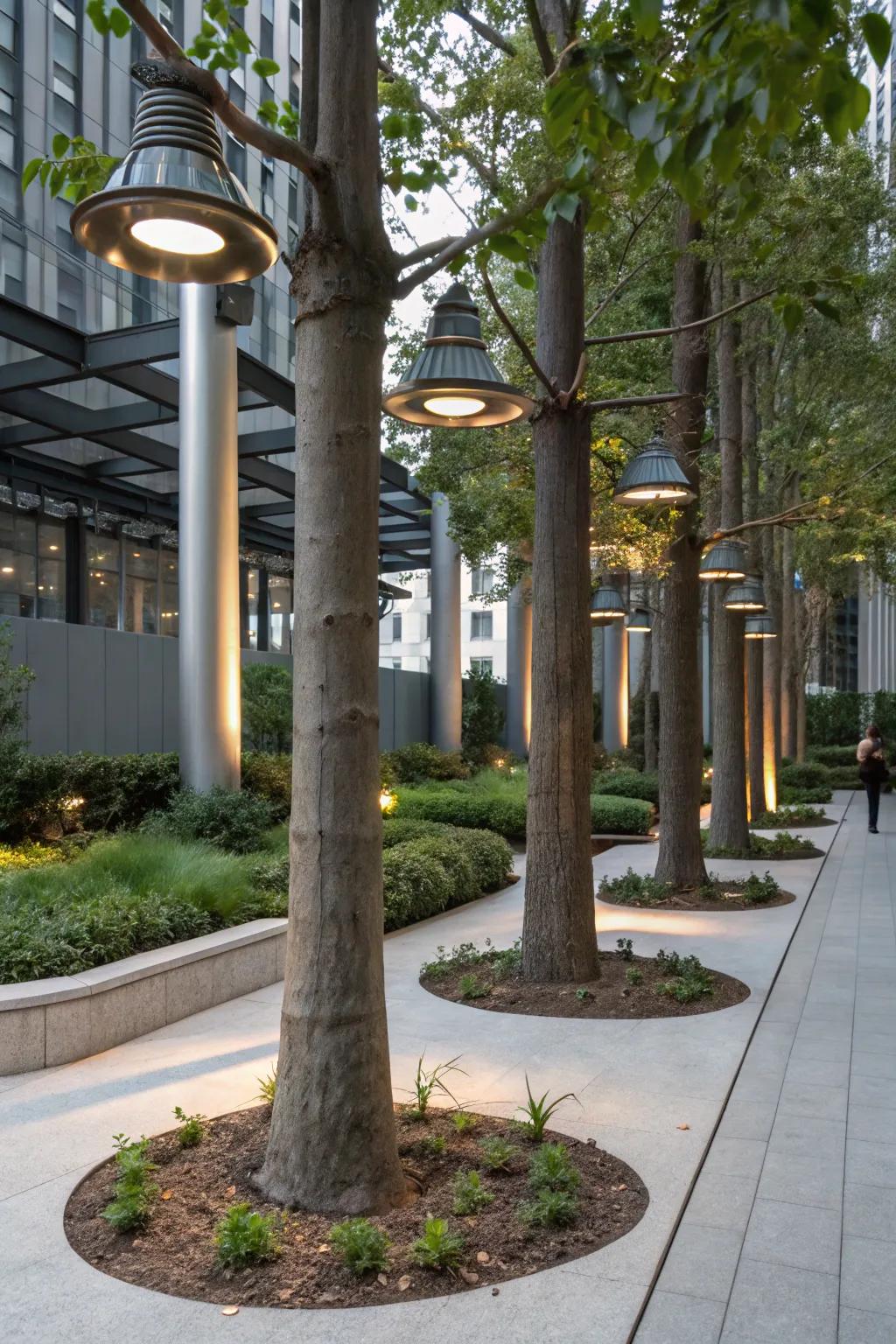 Metal components impart industrial sophistication to tree lighting.
