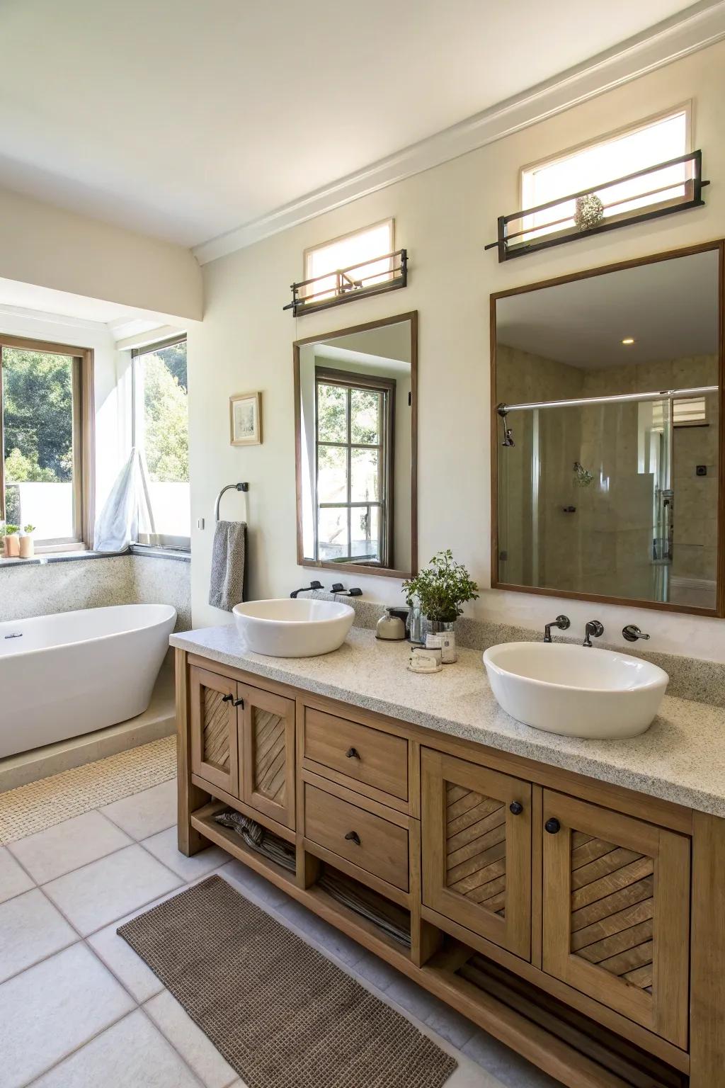 A bathroom featuring a dual vanity for convenient shared use.