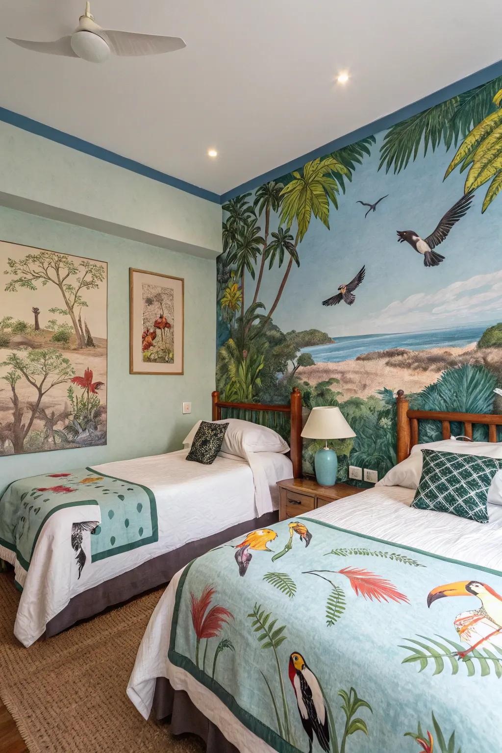 Tropical fauna artwork serves as a captivating focal point.