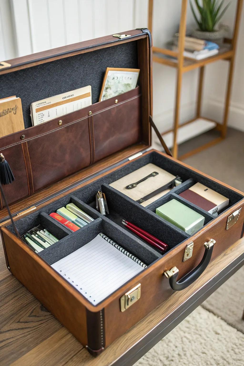 A trunk presents fashionable storage within a home office setting.