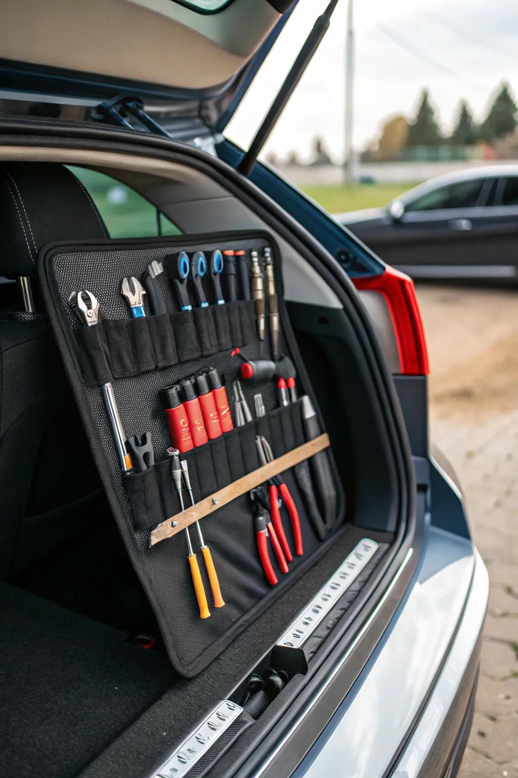 Magnetic rail keeping tools arranged and accessible in the trunk.