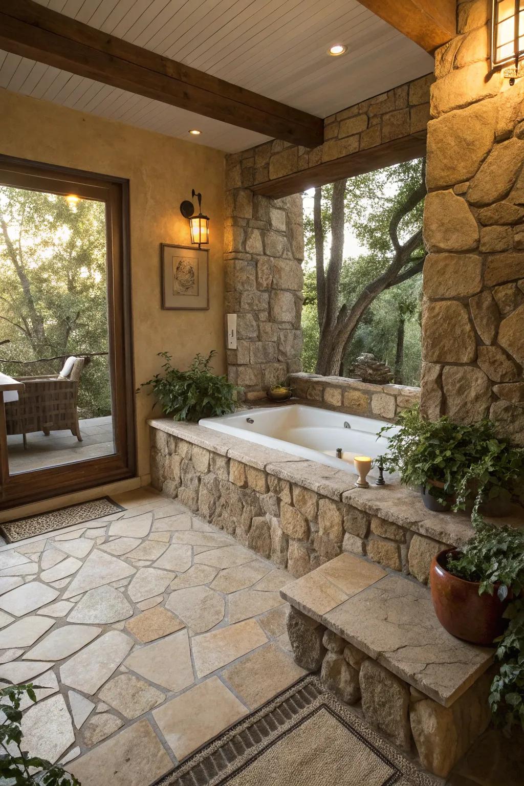 A tranquil tub deck using natural stone accents.