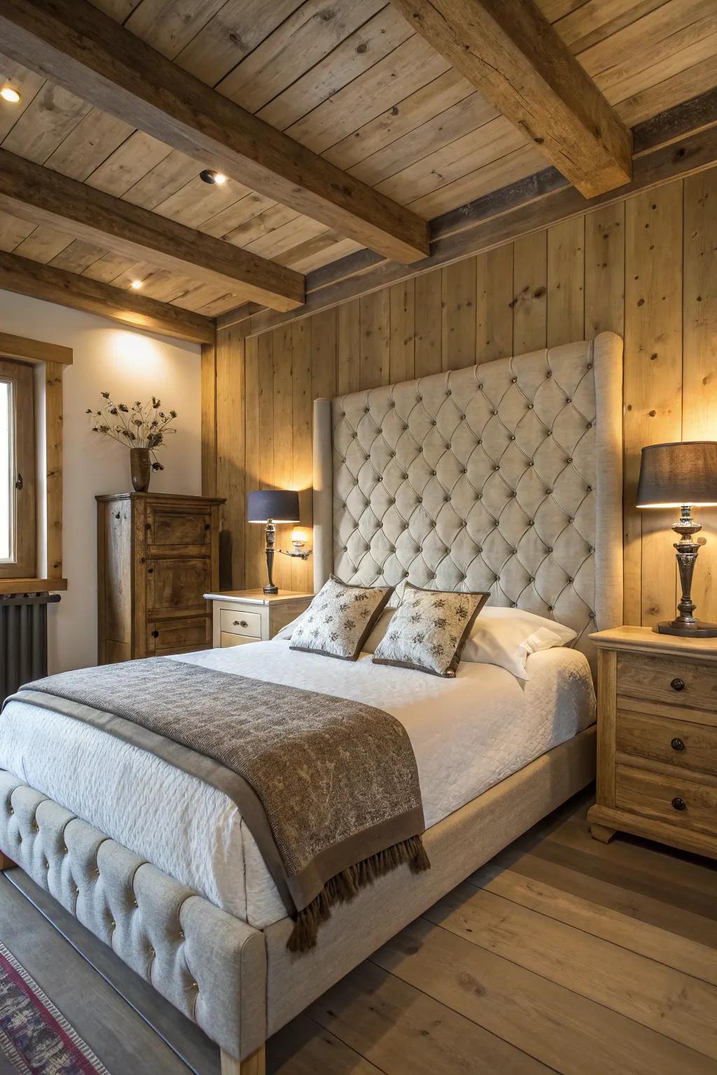 A rustic bedroom showcasing a cozy tufted headboard.