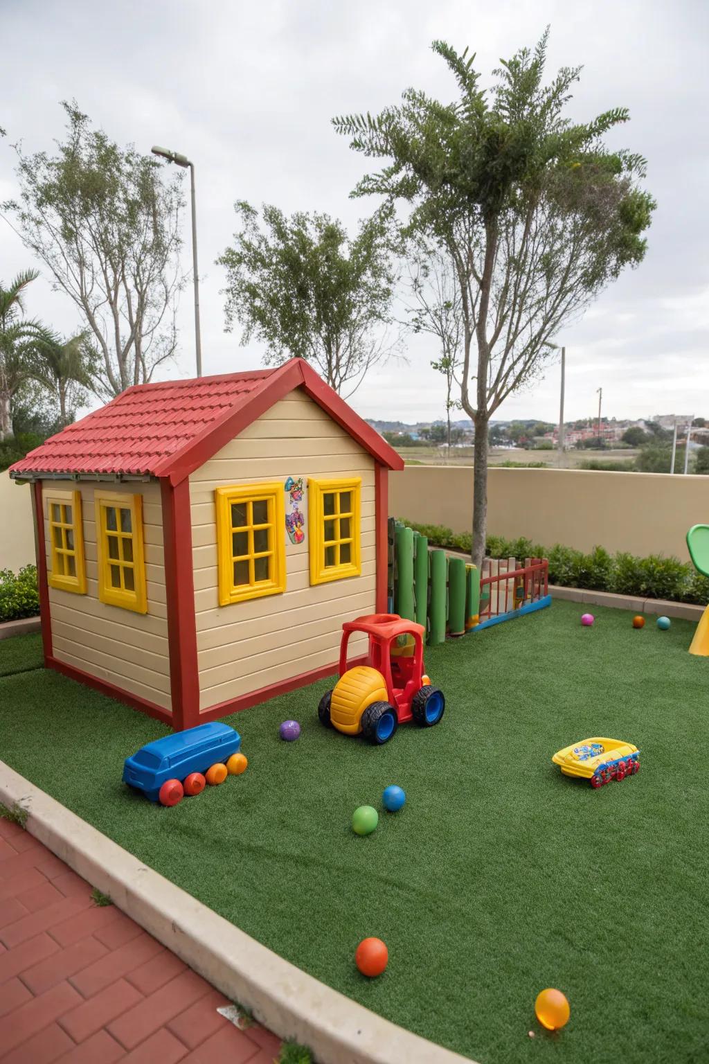 A safe and stimulating play zone constructed on turf for children.