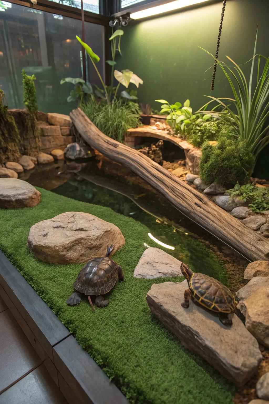 Fake turf offers a soft and relaxing surface for your turtle.