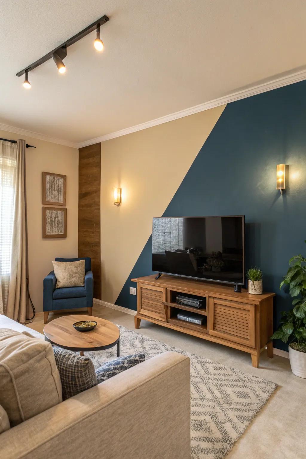 Dual-tone colors fashion a sophisticated variation on this TV feature wall.