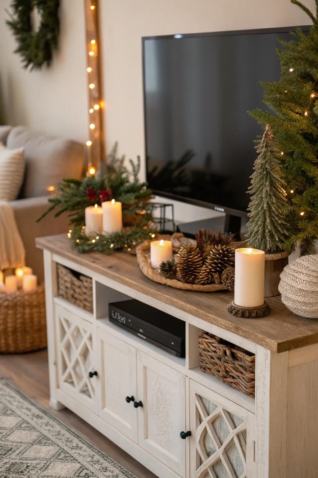Seasonal decor elements on a TV stand for an updated look.