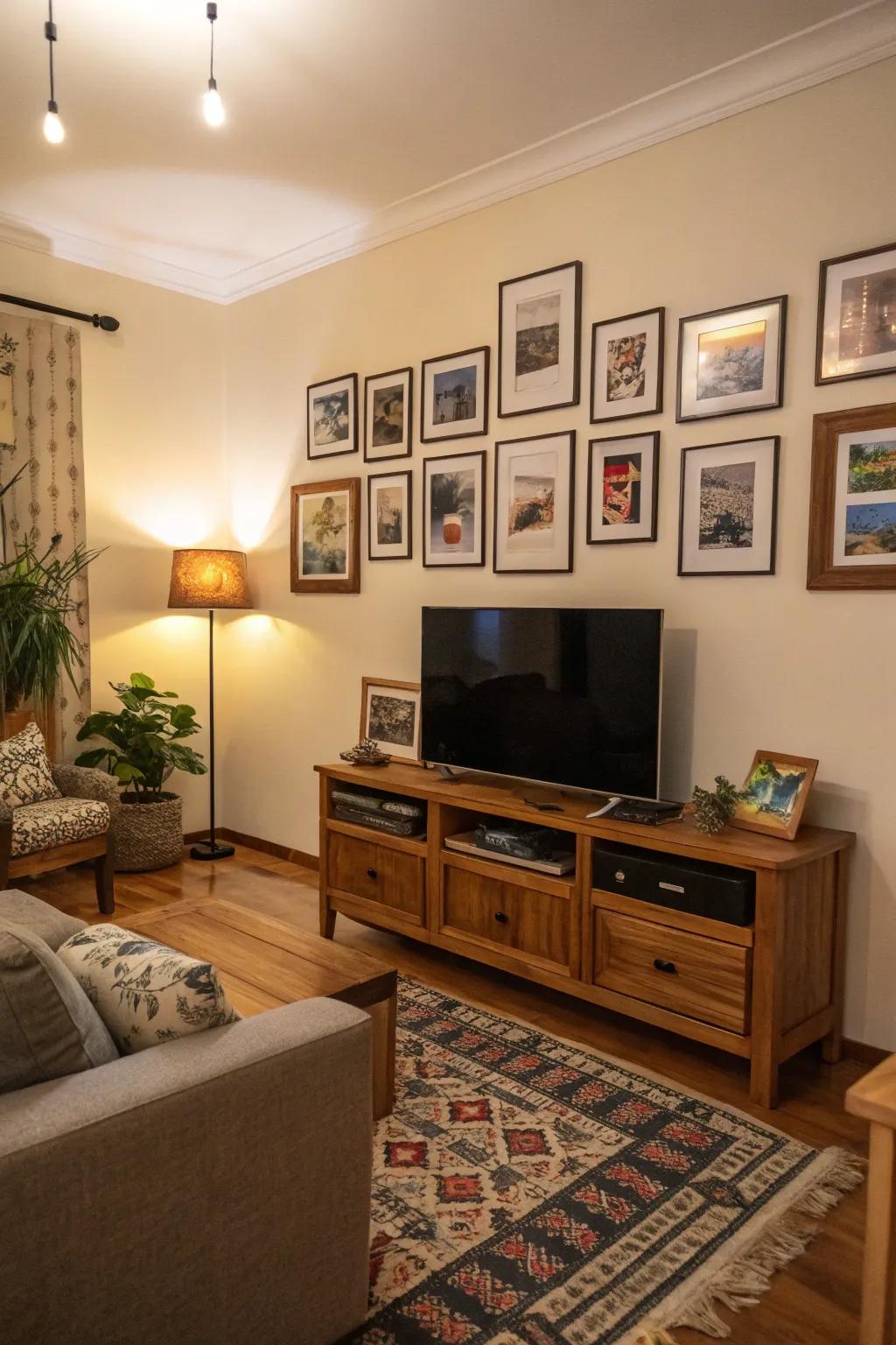 A TV wall bordered by a personal gallery of portraits.